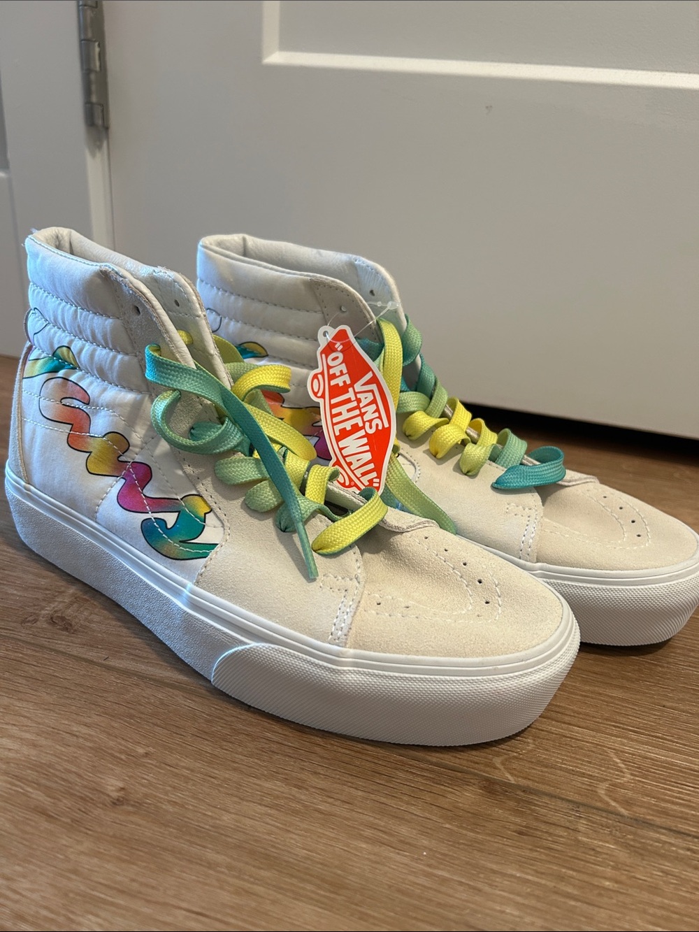 Vans White High-Top Sneakers with Rainbow Side Logo and Ombre Laces